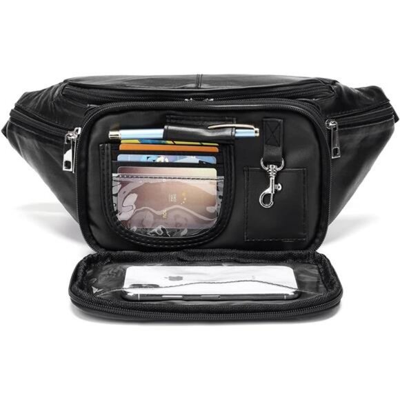 Genuine Leather Large 7 Pocket Waist Pack with Organizer, Card Slots (Black) - Picture 1 of 7